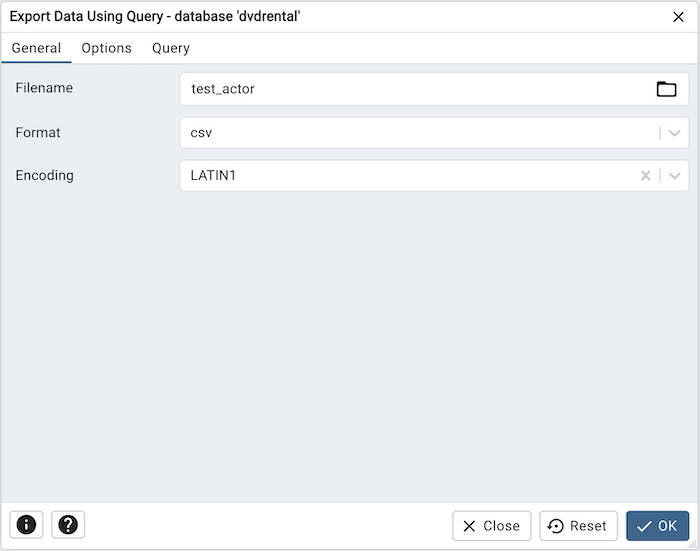 Export data using query dialog general tab